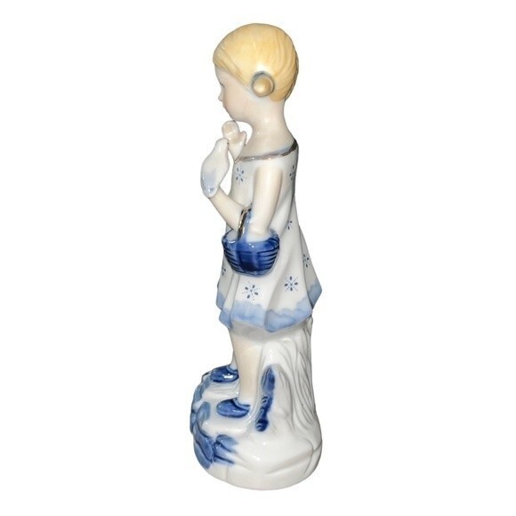 Vintage 1960s Porcelain Hand-painted Figurine Girl in Pigtails w/ Dove & Basket - Picture 10 of 12